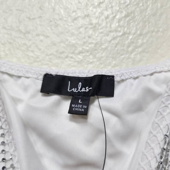 Lulus Memorable Glow White Fishnet Rhinestone Bodycon Midi Dress L Wedding Party - Picture 9 of 9